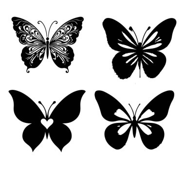 Kelebek siluetleri koleksiyonu, vektör illüstrasyonu beyaz arkaplanda izole edildi