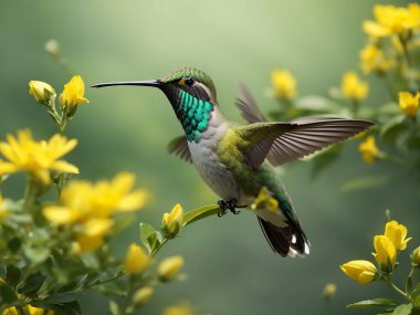 Bedava fotoğraf yeşil ve gri uğultulu kuş sarı çiçeklerin üzerinde uçuyor