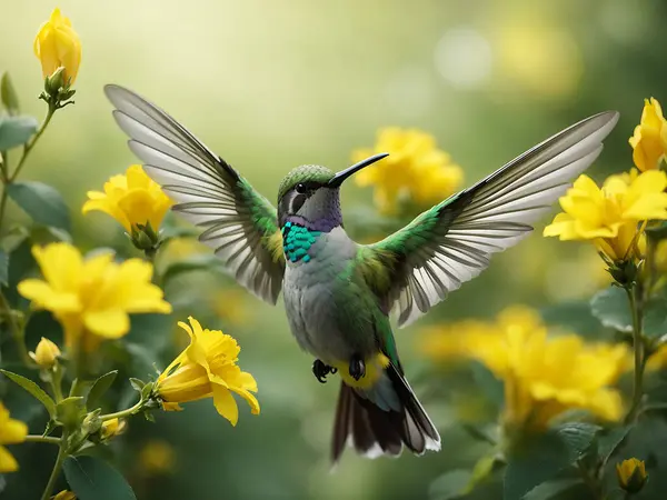 Bedava fotoğraf yeşil ve gri uğultulu kuş sarı çiçeklerin üzerinde uçuyor
