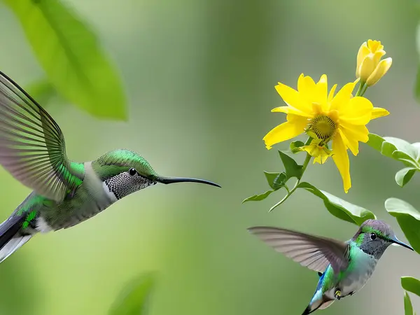 Bedava fotoğraf yeşil ve gri uğultulu kuş sarı çiçeklerin üzerinde uçuyor