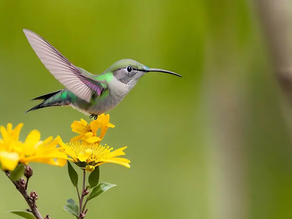 Bedava fotoğraf yeşil ve gri uğultulu kuş sarı çiçeklerin üzerinde uçuyor