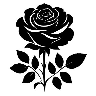 Beyaz arkaplanı olan bir gül çiçeğinin siyah silueti