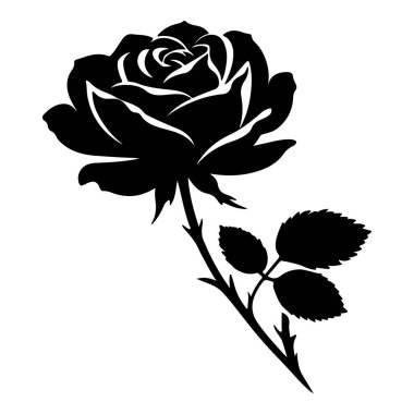 Beyaz arkaplanı olan bir gül çiçeğinin siyah silueti