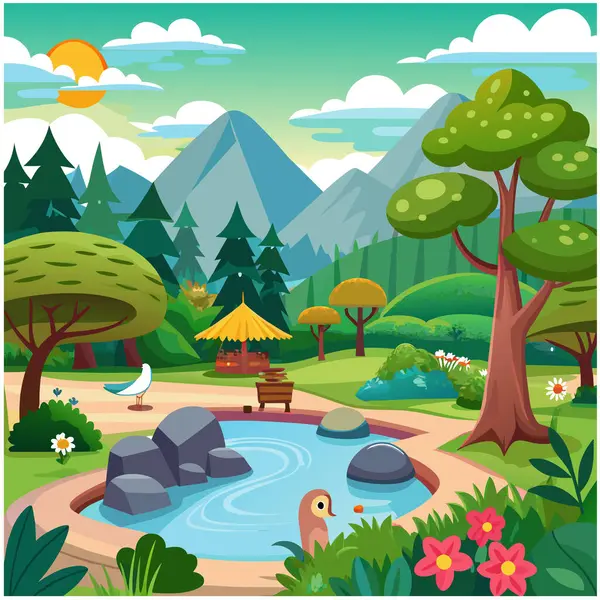 Doğa parkı ve ormanın karikatür sahnesi