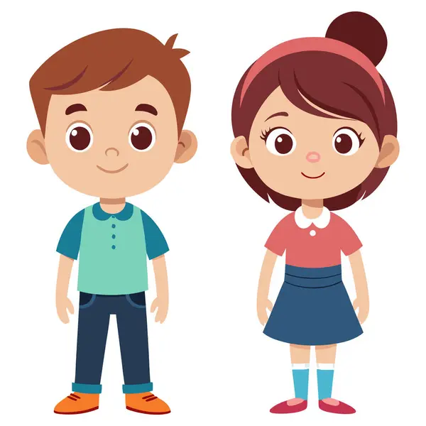 Çizgi film karakteri. Beyaz arka planda şirin, şık bir kız ve erkek.