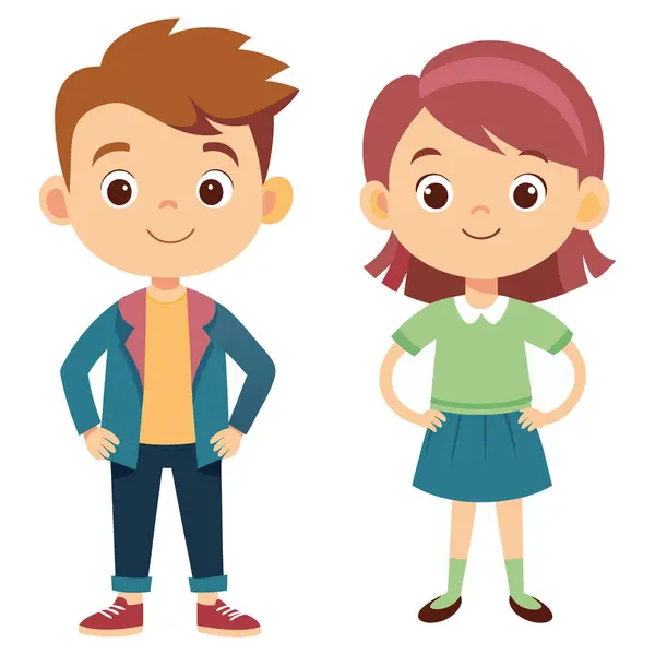 Çizgi film karakteri. Beyaz arka planda şirin, şık bir kız ve erkek.