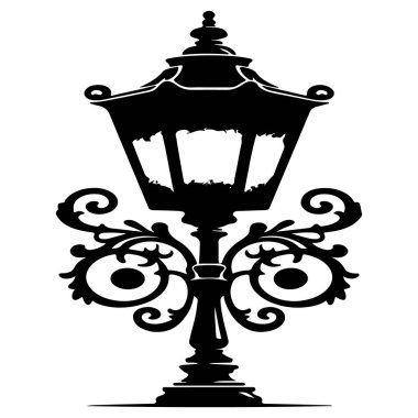 Beyaz zemin üzerinde klasik sokak lambası silueti vektör eski sokak lambası