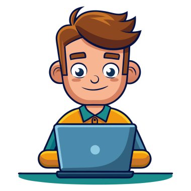 Dizüstü bilgisayar resimli çizgi film karakteri kullanan adam