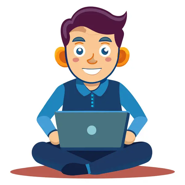 Dizüstü bilgisayar resimli çizgi film karakteri kullanan adam