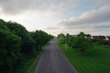 Yeşilliklerle çevrili boş bir yolun havadan görünüşü.