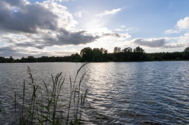 Kuzey İrlanda 'da sakin doğal manzaralarla çevrili güzel bir göl manzarası.