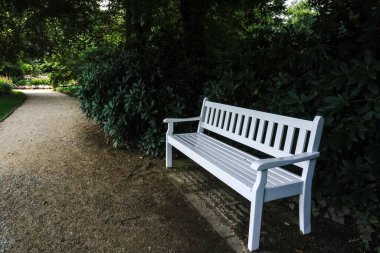 Yeşilliklerle çevrili beyaz bir bank parkta oturuyor, dinlenmek için rahat bir yer sunuyor.