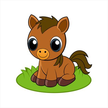 Sevimli çizgi film bebek atı yemyeşil çimenlerin ortasında oturuyor, canlı renkler ve eğlenceli detaylar sunuyor, çocuk kitapları için mükemmel, bebek dekoru, ve kaprisli çizimler