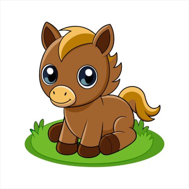 Sevimli çizgi film bebek atı yemyeşil çimenlerin ortasında oturuyor, canlı renkler ve eğlenceli detaylar sunuyor, çocuk kitapları için mükemmel, bebek dekoru, ve kaprisli çizimler