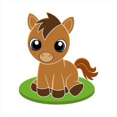 Sevimli çizgi film bebek atı yemyeşil çimenlerin ortasında oturuyor, canlı renkler ve eğlenceli detaylar sunuyor, çocuk kitapları için mükemmel, bebek dekoru, ve kaprisli çizimler