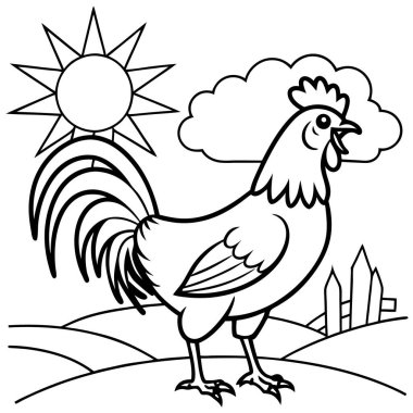 Çocuklar için boyama kitabı. Horozlu siyah beyaz karikatür çizimi. boyama kitabı sayfası.