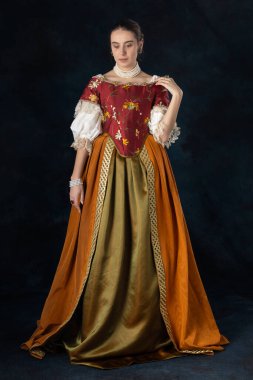 Rönesans, Tudor, Gürcü, ya da süslü fantezi kadın keten bir fanila ve stüdyo arka planına karşı uzun iki parçalı etek giyiyor.