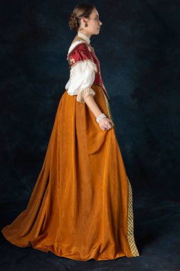 Rönesans, Tudor, Gürcü, ya da süslü fantezi kadın keten bir fanila ve stüdyo arka planına karşı uzun iki parçalı etek giyiyor.