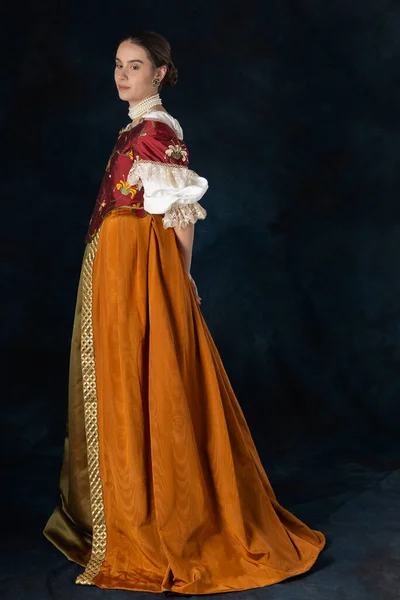 文艺复兴时期 格鲁吉亚人 或高奇幻女性 身穿绣花紧身衣 衬着亚麻布汗衫和长裙 衬托着工作室的背景 — 图库照片