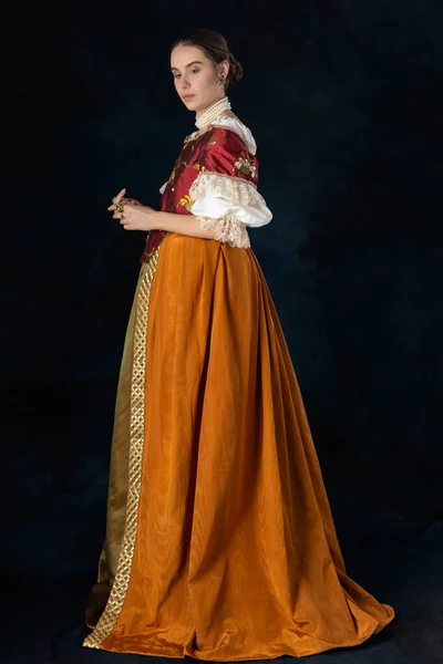 Renaissance Tudor Georgian High Fantasy Woman Wearing Embroidered Bodice Linen — Stock Photo, Image
