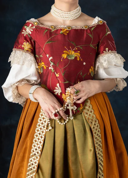 文艺复兴时期 格鲁吉亚人 或高奇幻女性 身穿绣花紧身衣 衬着亚麻布汗衫和长裙 衬托着工作室的背景 — 图库照片
