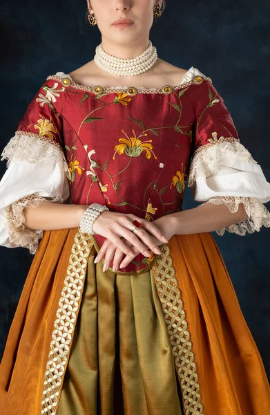 Rönesans, Tudor, Gürcü, ya da süslü fantezi kadın keten bir fanila ve stüdyo arka planına karşı uzun iki parçalı etek giyiyor.