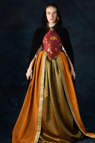 Mujer Renacentista Tudor Georgiana Fantasía Alta Con Corpiño Bordado Una —  Fotos de Stock