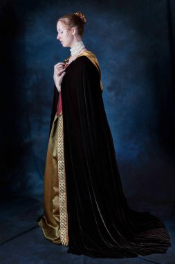 Rönesans kadını, kızıl saçlı, işlemeli ipek bir elbise giyen stüdyo arkaplanına yaslanmış.