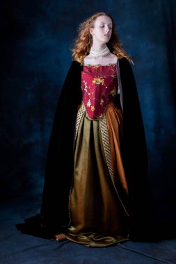 Rönesans kadını, kızıl saçlı, işlemeli ipek bir elbise giyen stüdyo arkaplanına yaslanmış.