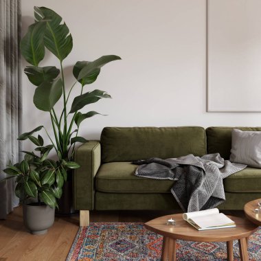 Modern İskandinav oturma odasının tasarımı yeşil kanepe, koltuk, bir sürü bitki, sehpa, halı ve ev dekorunda kişisel aksesuarlar. Şablon.