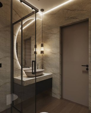 Modern bathroom interior with a minimalist design featuring natural marble walls, wooden floors, and elegant black fixtures. The space is enhanced with soft LED lighting, glass shower doors, and stylish decor elements, creating a luxurious atmosphere clipart