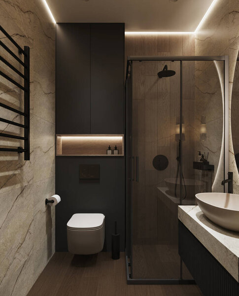 Современный интерьер ванной комнаты с минималистским дизайном с естественными мраморными стенами, деревянными полами и элегантными черными светильниками. Пространство дополнено мягким освещением, стеклянными дверями для душа и стильными элементами декора, создающими уютную атмосферу.