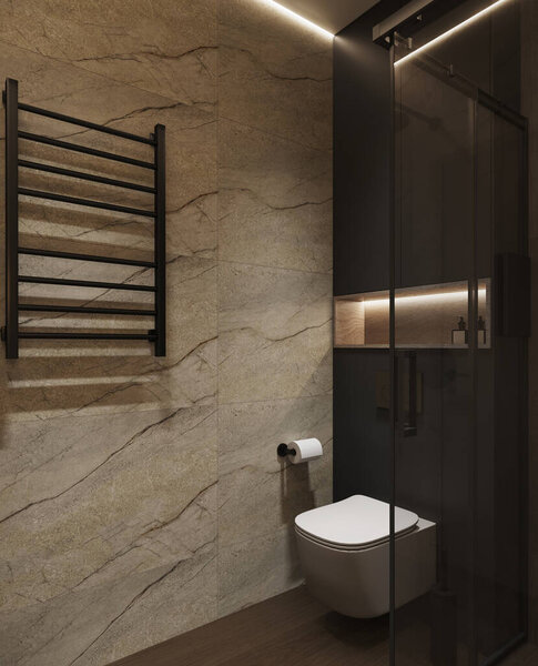 Современный интерьер ванной комнаты с минималистским дизайном с естественными мраморными стенами, деревянными полами и элегантными черными светильниками. Пространство дополнено мягким освещением, стеклянными дверями для душа и стильными элементами декора, создающими уютную атмосферу.