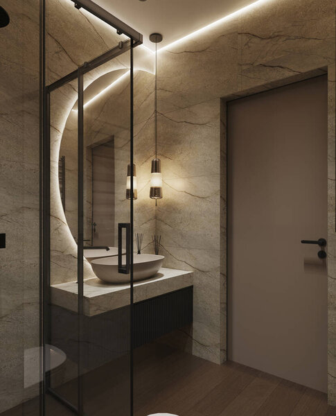 Современный интерьер ванной комнаты с минималистским дизайном с естественными мраморными стенами, деревянными полами и элегантными черными светильниками. Пространство дополнено мягким освещением, стеклянными дверями для душа и стильными элементами декора, создающими уютную атмосферу.