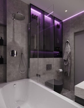 3D Visualization of a Minimalist Modern Gray Bathroom with Purple LED Lighting and Elegant Design clipart