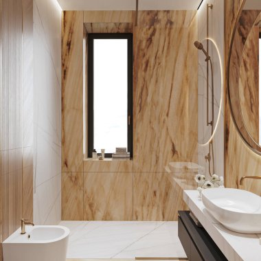Ebano ve Domus White Quartzites 'in yer aldığı Işıl ve Sıcak Tonlarda Lüks Banyo' nun 3 boyutlu görselleştirilmesi