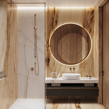 Ebano ve Domus White Quartzites 'in yer aldığı Işıl ve Sıcak Tonlarda Lüks Banyo' nun 3 boyutlu görselleştirilmesi