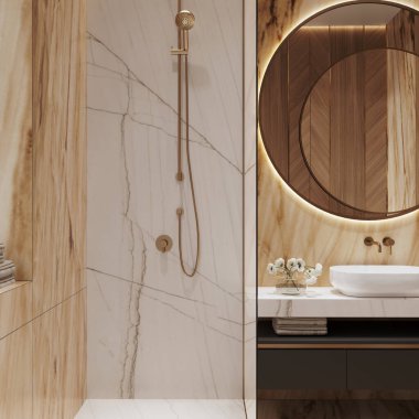 Ebano ve Domus White Quartzites 'in yer aldığı Işıl ve Sıcak Tonlarda Lüks Banyo' nun 3 boyutlu görselleştirilmesi