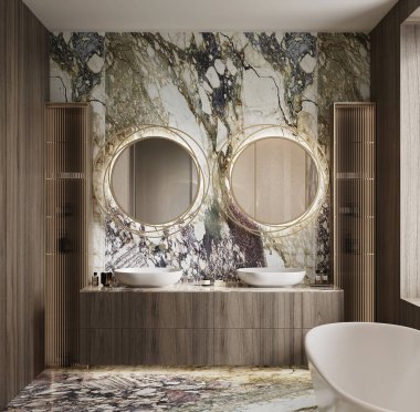 Doğal ışık ve sıcak tonlarda Arabescato Rosa ve Botticino Fiorito mermerlerinin yer aldığı Lüks Premium Banyo 'nun 3D görüntüsü