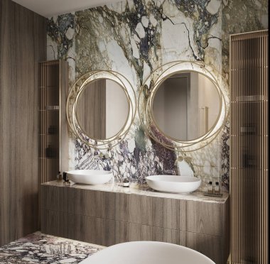 Doğal ışık ve sıcak tonlarda Arabescato Rosa ve Botticino Fiorito mermerlerinin yer aldığı Lüks Premium Banyo 'nun 3D görüntüsü