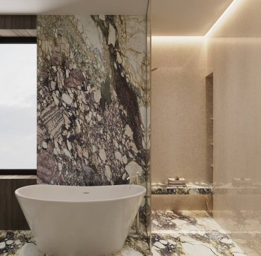 Doğal ışık ve sıcak tonlarda Arabescato Rosa ve Botticino Fiorito mermerlerinin yer aldığı Lüks Premium Banyo 'nun 3D görüntüsü