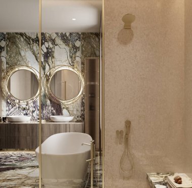 Doğal ışık ve sıcak tonlarda Arabescato Rosa ve Botticino Fiorito mermerlerinin yer aldığı Lüks Premium Banyo 'nun 3D görüntüsü