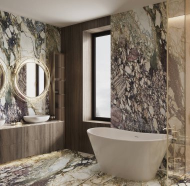 Doğal ışık ve sıcak tonlarda Arabescato Rosa ve Botticino Fiorito mermerlerinin yer aldığı Lüks Premium Banyo 'nun 3D görüntüsü