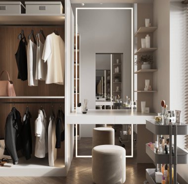 Panoramik pencereli büyük parlak soyunma odası, tuvalet masası ve ayakkabı ve kıyafetler için raflar.