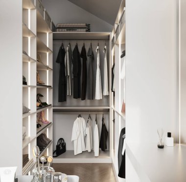 Panoramik pencereli büyük parlak soyunma odası, tuvalet masası ve ayakkabı ve kıyafetler için raflar.