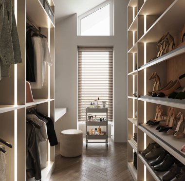 Panoramik pencereli büyük parlak soyunma odası, tuvalet masası ve ayakkabı ve kıyafetler için raflar.