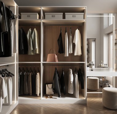 Panoramik pencereli büyük parlak soyunma odası, tuvalet masası ve ayakkabı ve kıyafetler için raflar.