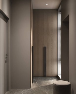 Salonun karanlık, modern bir iç mekanı, giriş kapısı, 3D görüntüleme, cg illüstrasyon