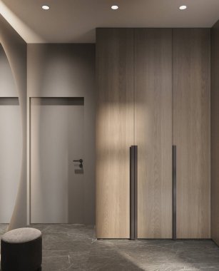 Salonun karanlık, modern bir iç mekanı, giriş kapısı, 3D görüntüleme, cg illüstrasyon