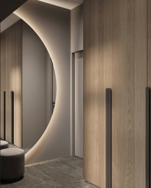 Salonun karanlık, modern bir iç mekanı, giriş kapısı, 3D görüntüleme, cg illüstrasyon